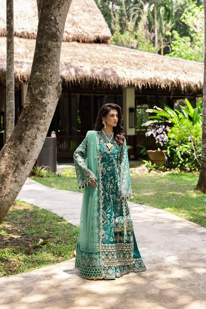 Saira Rizwan KIANA-SRF25-04 green embroidered outfit with ornate detailing and net dupatta, ideal for weddings and luxury events.