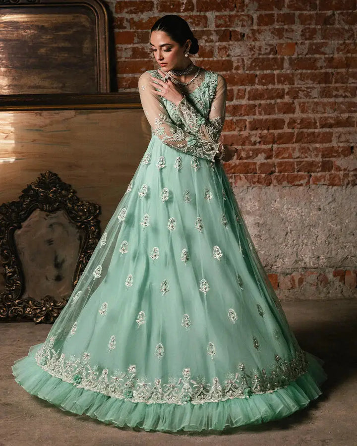 Shop Rangreza AL-4270 - Pakistani womens clothes featuring mint green net maxi with adda work, naqshi, pearls, and 3D floral embroidery.