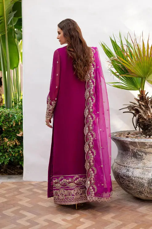Back view of MARYUM AND MARIA embroidered chiffon 3-piece dress in magenta, showcasing intricate dupatta and shirt detailing.