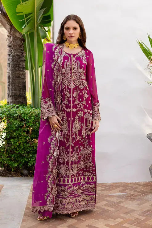MARYUM AND MARIA Chiffon Dress - Pakistani Long Design in deep magenta with gold embroidery, featuring shirt, pants, and dupatta set.