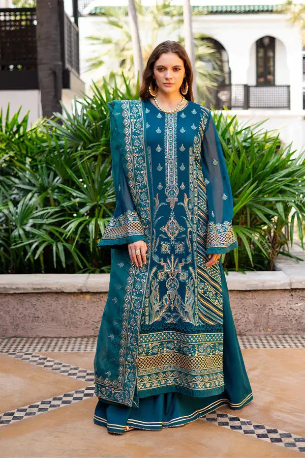 Buy Pakistani designer clothes online with Maryum and Maria Dewi 3-piece embroidered chiffon set in teal, featuring intricate gold detailing.