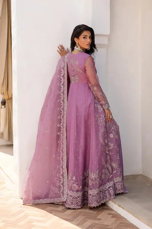 Back view of mauve embroidered chiffon dress with detailed organza dupatta and long flowing silhouette, perfect for formal Pakistani wear.