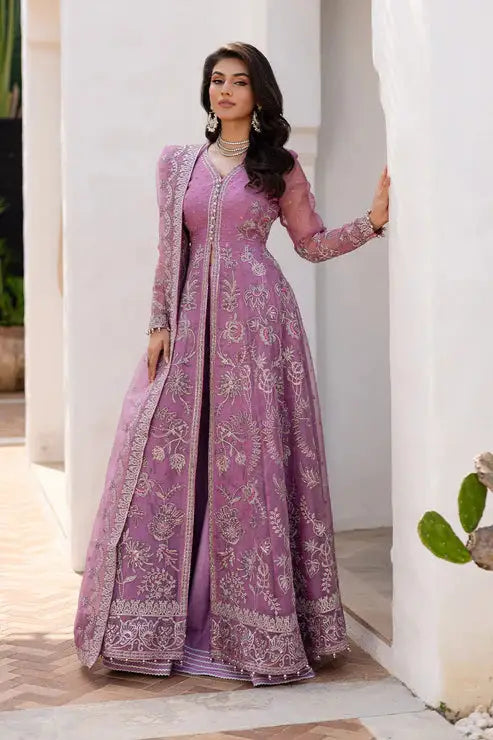Embroidered chiffon dress new design dress Pakistani frocks in mauve with intricate silver embroidery, featuring shirt, pants, and dupatta set.