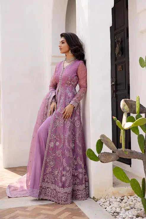 Elegant mauve chiffon 3-piece dress with floral embroidery and organza patti, showcasing traditional Pakistani frock style for festive occasions.
