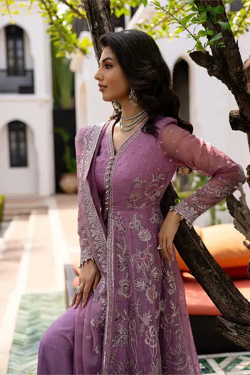 Close-up of mauve embroidered chiffon dress with sheer sleeves and ornate detailing, ideal for luxury ethnic wear collections.