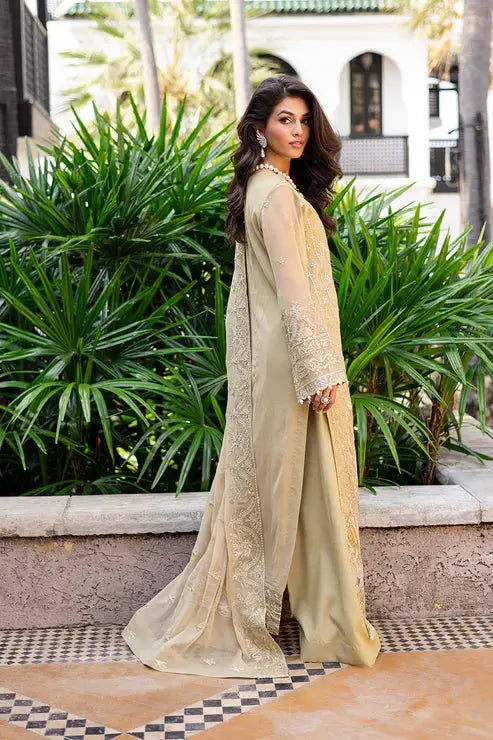 Side view of MARYUM MARIA chiffon 3-piece outfit FS50093-1200 showcasing elegant embroidery and flowing silhouette, perfect for festive occasions.