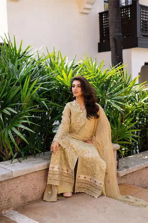 Model seated in MARYUM MARIA embroidered chiffon outfit FS50093-1200, displaying full 3-piece set with luxurious fabric and ornate embellishments.