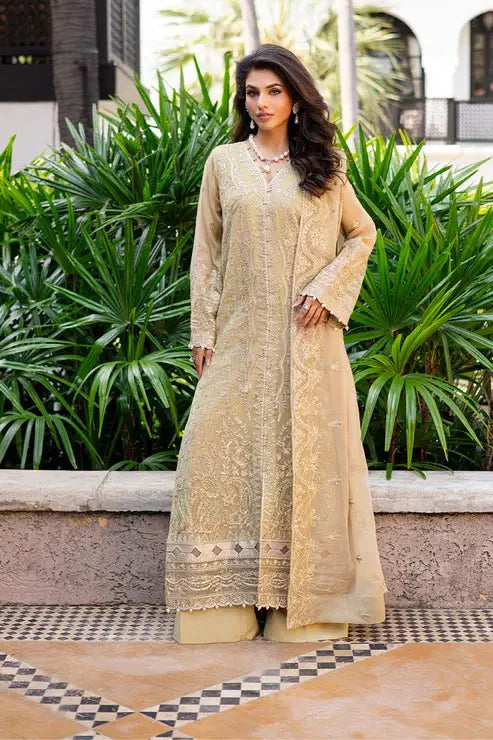MARYUM MARIA embroidered chiffon outfit FS50093-1200 featuring long shirt, pants, and dupatta in beige with intricate detailing. Ideal for formal wear.