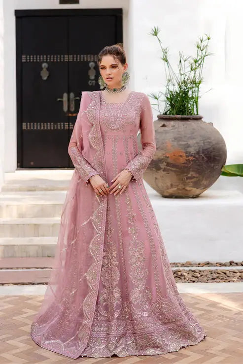 MARYUM AND MARIA Chiffon Dress - Pakistani Female Designs | Chif, Pink 3 piece embroidered chiffon outfit with dupatta, featuring intricate silver embellishments.