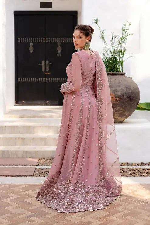 Back view of MARYUM AND MARIA 3 Piece Embroidered Chiffon Dress in pink, showcasing detailed embroidery and flowing silhouette for formal wear.