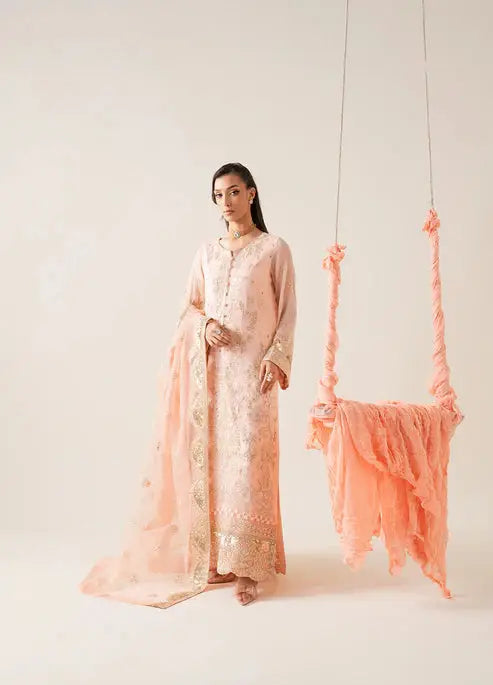 MARYUM AND MARIA ELYNA traditional Pakistani outfit in peach chiffon with gold embroidery, featuring shirt, bottom, and dupatta set.