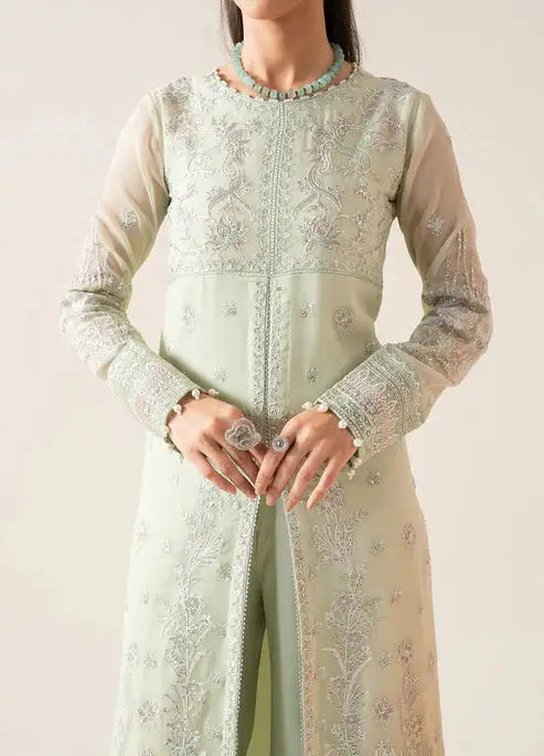 Close-up of MARYUM AND MARIA embroidered chiffon shirt showing detailed threadwork on bodice and sleeves, ideal for ceremonial occasions.