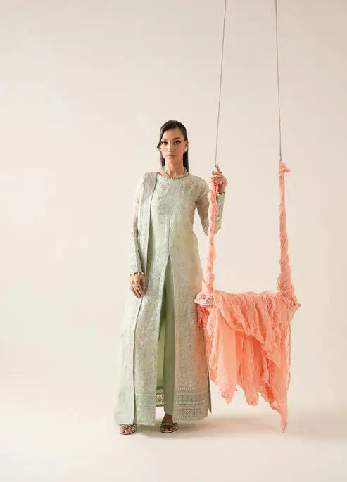 MARYUM AND MARIA 3 Piece Embroidered Chiffon LOUISE FS50130-1200 in mint green with intricate embroidery, featuring shirt, pants, and dupatta.