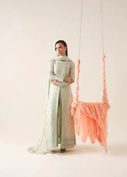 Elegant Pakistani outfit by MARYUM AND MARIA in chiffon, showcasing full front view of embroidered shirt, matching trousers, and dupatta.