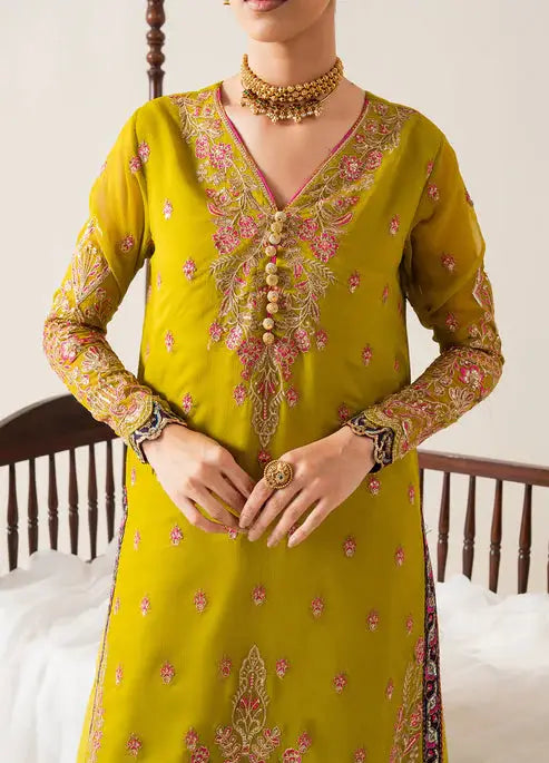 Close-up of MARYUM AND MARIA embroidered chiffon shirt showing neckline and sleeve detailing, highlighting craftsmanship from Maryams PK.