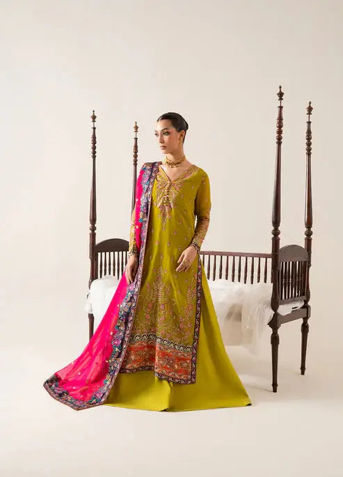 MARYUM AND MARIA Embroidered Chiffon 3-piece set in mustard with pink dupatta, featuring intricate detailing from Maryams PK collection.