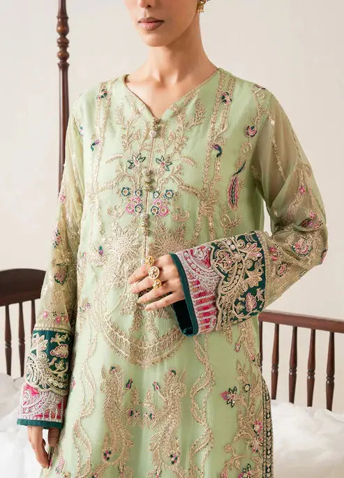 Close-up of MARYUM AND MARIA embroidered chiffon shirt highlighting detailed gold threadwork and embellished cuffs for formal occasions.