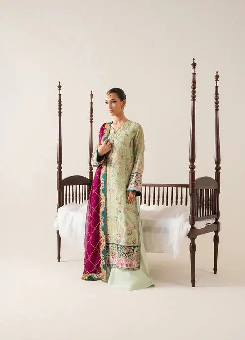 MARYUM AND MARIA Chiffon Suit - Formal Clothes Pakistan featuring embroidered mint green shirt, matching pants, and maroon dupatta in front view.