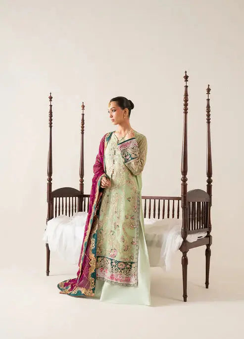 Elegant front pose of MARYUM AND MARIA 3-piece embroidered chiffon suit with intricate detailing, perfect for formal wear in Pakistan.