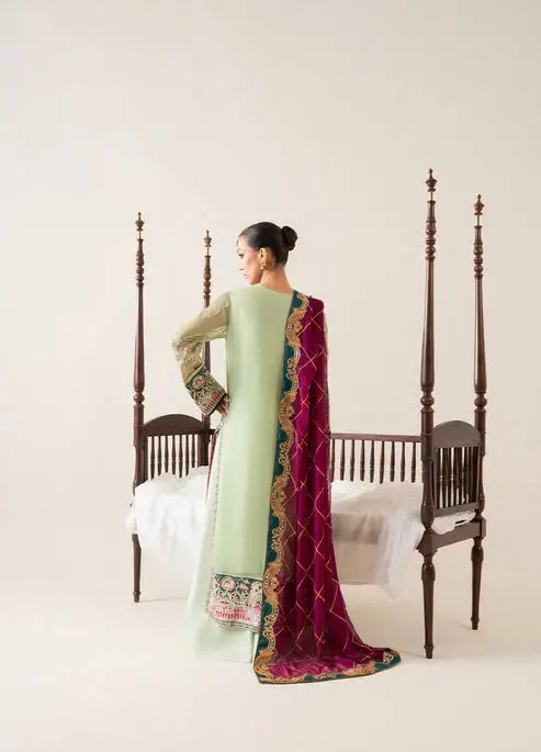 Back view of MARYUM AND MARIA embroidered chiffon suit with mint green shirt and maroon dupatta, ideal for formal clothes in Pakistan.