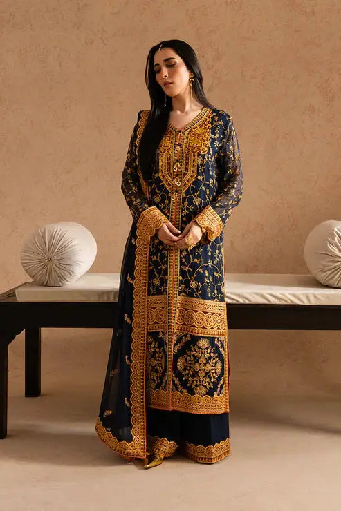 Zehra party wear dress by MARYUM AND MARIA in navy blue chiffon with intricate gold embroidery, featuring shirt, pants, and dupatta set.