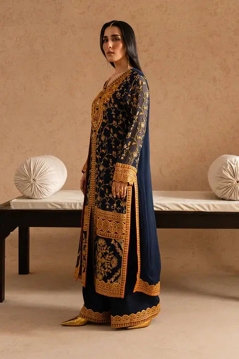 Side profile of Zehra embroidered chiffon dress in navy and gold by MARYUM AND MARIA, ideal for Pakistani formal occasions.