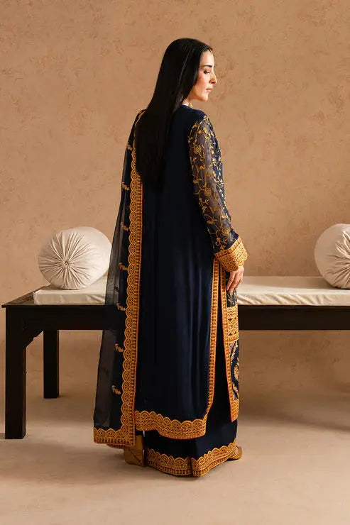 Back view of MARYUM AND MARIA Zehra 3 piece chiffon suit with embroidered sleeves and dupatta in Pakistani party wear style.