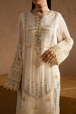 Close-up of MARYUM AND MARIA embroidered chiffon shirt highlighting neckline, sleeve, and front panel embellishments.