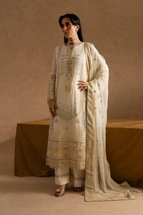 MARYUM AND MARIA 3-piece embroidered chiffon Meryem set featuring shirt, dupatta, and trouser in ivory with gold and blue detailing.