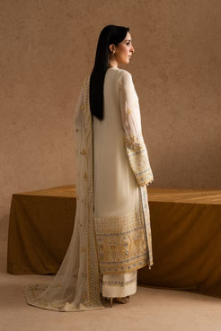 Back view of MARYUM AND MARIA chiffon embroidered Meryem outfit with long dupatta and ornate border design.