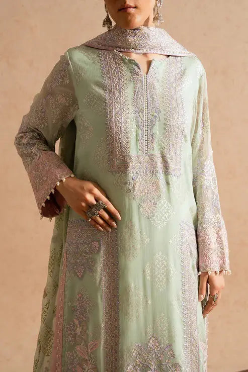 Close-up of MARYUM AND MARIA chiffon shirt highlighting delicate embroidery and neckline details, part of a 3-piece formal dress set in Pakistan.