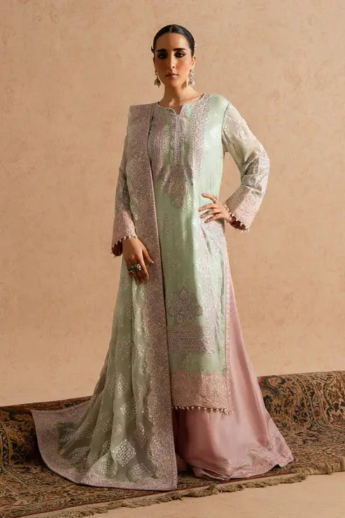 MARYUM AND MARIA Chiffon Dress - 3-piece embroidered pastel green shirt, pink pants, and dupatta set with intricate detailing, ideal for formal wear.