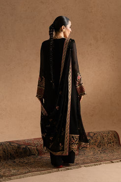 Back view of Maryum & Maria Chiffon ZEYNEB 3-piece set featuring embroidered chiffon dupatta and elegant shirt design for women.