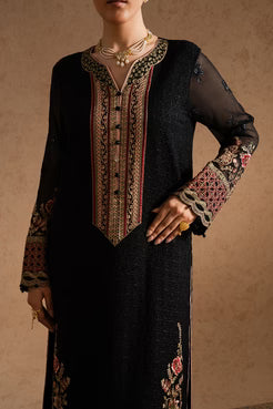 Close-up of Maryum & Maria Chiffon ZEYNEB shirt front, highlighting neckline embroidery, button detailing, and sheer chiffon sleeves.