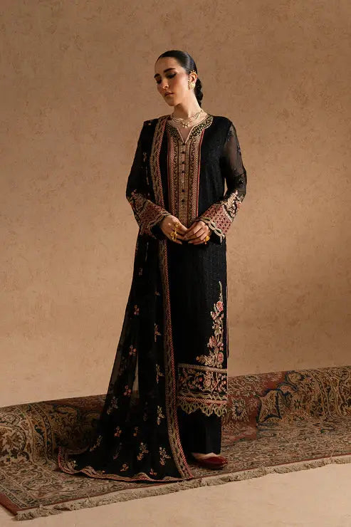 Maryum & Maria Chiffon ZEYNEB 3-piece black embroidered outfit with dupatta, ideal Pakistani clothing for women in formal chiffon wear.