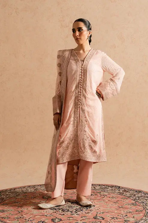 Elegant front pose of Nuray embroidered chiffon 3 piece Pakistani dress by MARYUM AND MARIA, showcasing intricate embroidery and soft fabric.