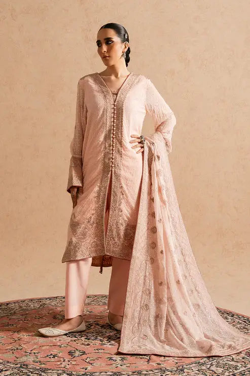 Nuray Women Pakistani Chiffon - Embroidered 3 Piece Dress in tea pink by MARYUM AND MARIA, featuring long shirt, pants, and organza dupatta.