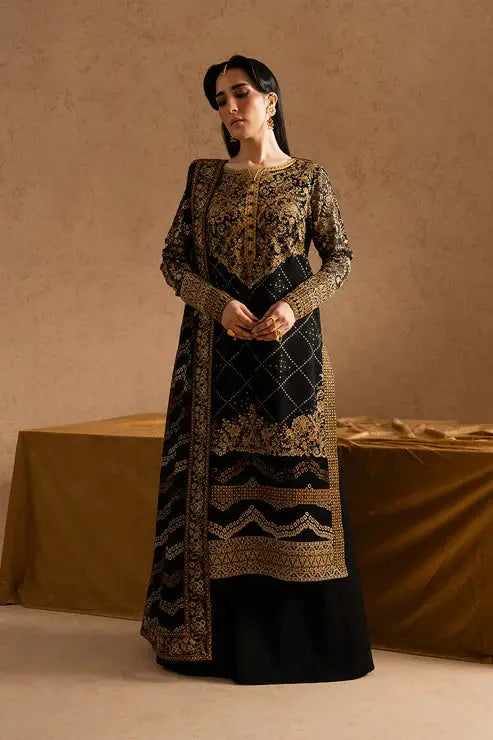 Maryum Maria Chiffon Dress - Pakistani Designs | 3-Piece Set featuring black embroidered chiffon shirt with gold detailing, paired with matching pants and dupatta.