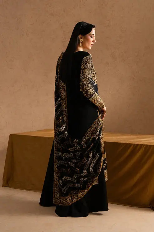 Back view of Maryum Maria Chiffon Dress - Pakistani Designs | 3-Piece Set showcasing intricate embroidery on chiffon dupatta and shirt sleeves.
