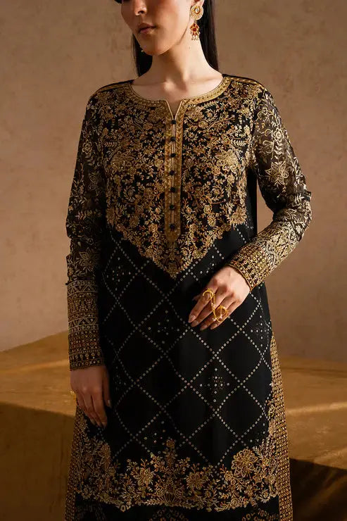 Close-up of Maryum Maria Chiffon Dress - Pakistani Designs | 3-Piece Set highlighting neckline and front embroidery on black chiffon shirt.