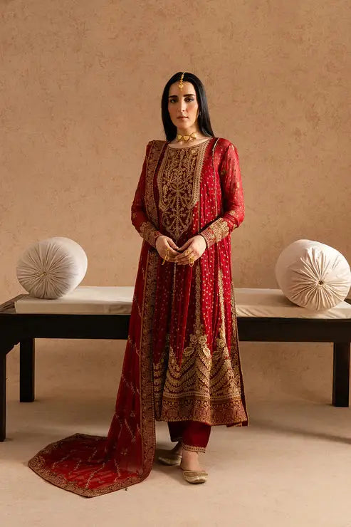 Embroidery chiffon dress MELISA FSU5607-1400 by MARYUM AND MARIA in maroon with gold detailing, includes shirt, pants, and dupatta.