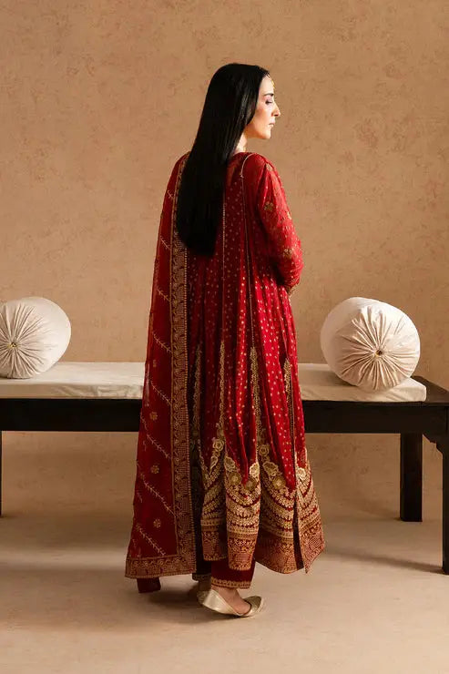 Back view of MARYUM AND MARIA embroidered chiffon dress MELISA in maroon, showcasing intricate gold embroidery on shirt and dupatta.