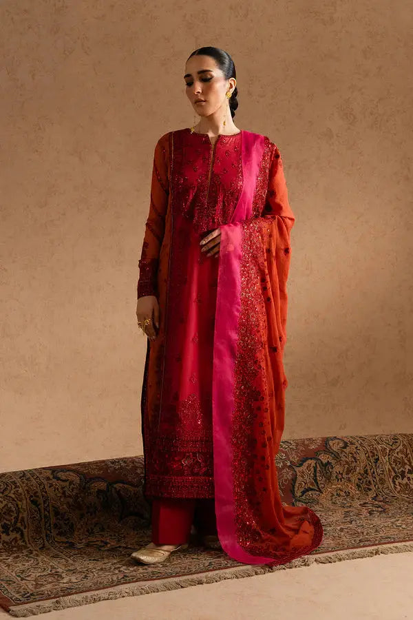 MARYUM AND MARIA 3 Piece Pakistani Formal Clothes in red and rust embroidered chiffon with dupatta and grip trousers, ideal for festive wear.