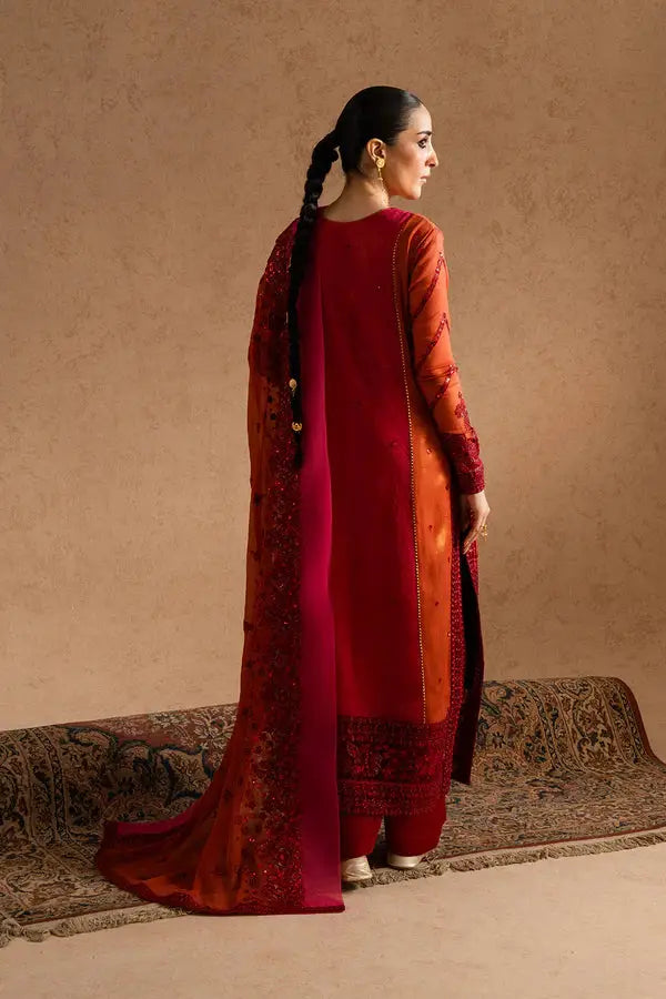 Back view of MARYUM AND MARIA 3 Piece Pakistani Formal Clothes showing detailed embroidery on chiffon shirt and flowing dupatta.