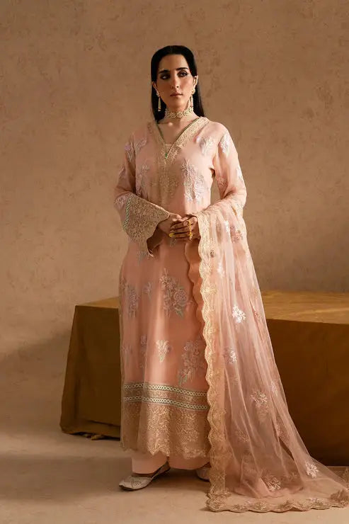 Maryum and Maria Miray embroidered chiffon 3-piece dress in peach with floral patterns, featuring shirt, pants, and dupatta for party wear.