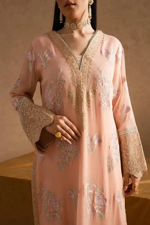 Close-up of Maryum and Maria Miray chiffon shirt showing delicate embroidery, lace cuffs, and neckline embellishments for elegant party wear.
