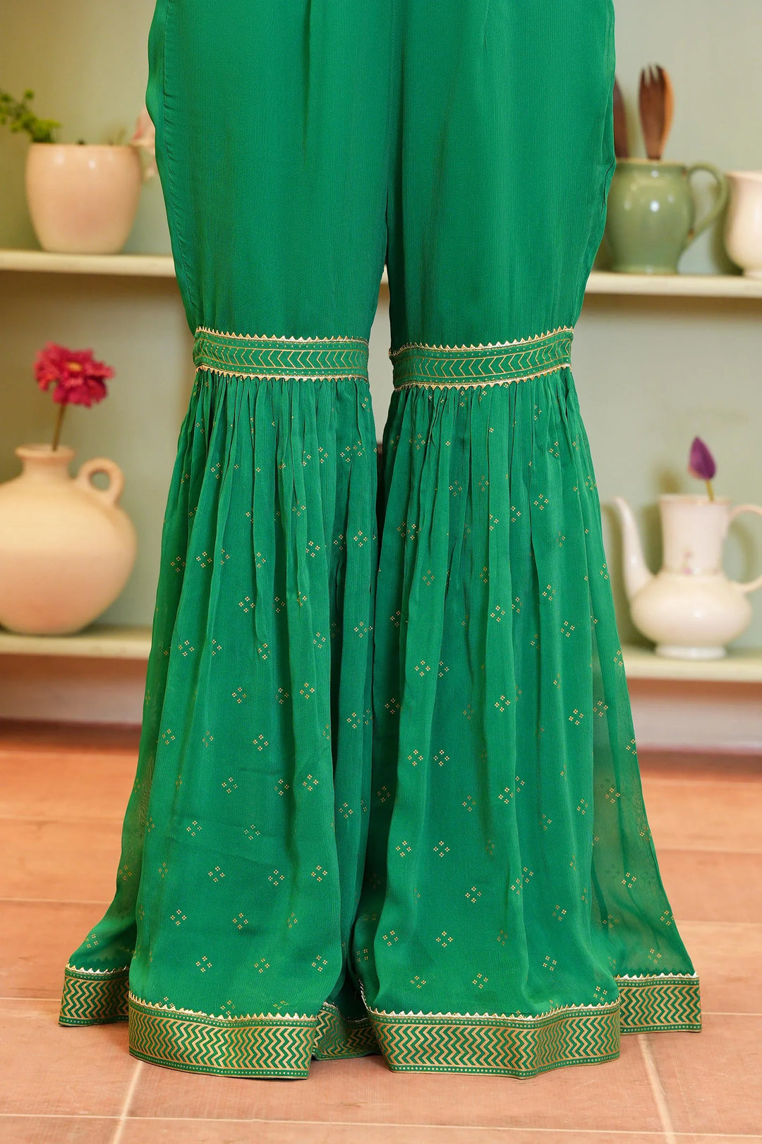 Comfort-fit Rang Ja Green Polka Screen Dress pant with elegant polka pattern and decorative trim, great for versatile styling.