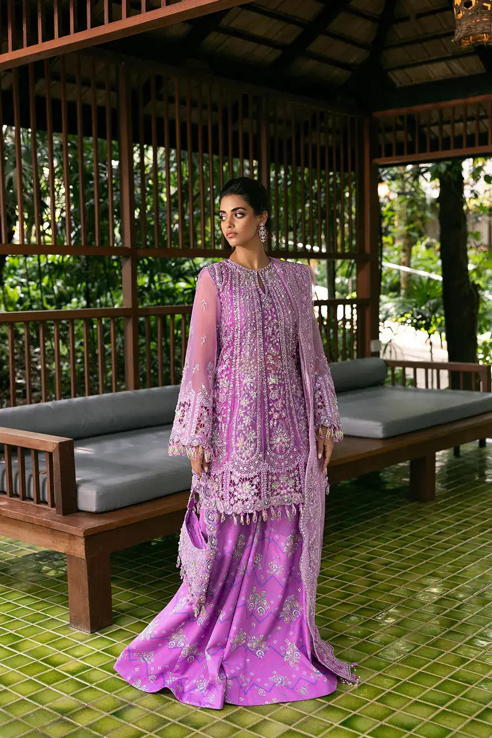 LIYANA-SRF25-07 traditional stitched ensemble in luxury pink by Saira Rizwan, featuring embellished shirt and flared trousers with dupatta.