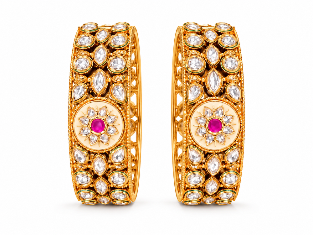 Polki Kundan Bangles with Pink Floral Medallions | GG-01