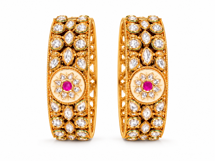 Polki Kundan Bangles with Pink Floral Medallions | GG-01